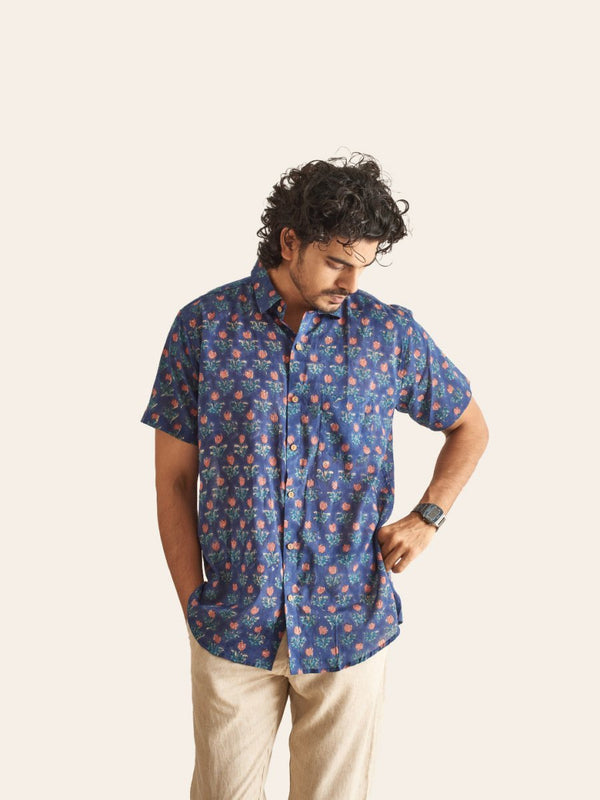 Buy Navy Blue Floral Handblock Printed Mulmul Shirt | Shop Verified Sustainable Mens Shirt on Brown Living™