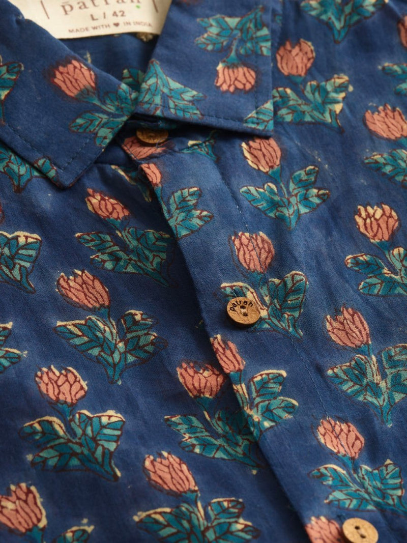 Buy Navy Blue Floral Handblock Printed Mulmul Shirt | Shop Verified Sustainable Mens Shirt on Brown Living™