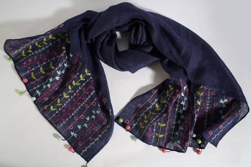 Buy Navy Blue Linen Scarf With Multi Flower Embroidery & Fancy Tassel | Shop Verified Sustainable Womens Scarf on Brown Living™