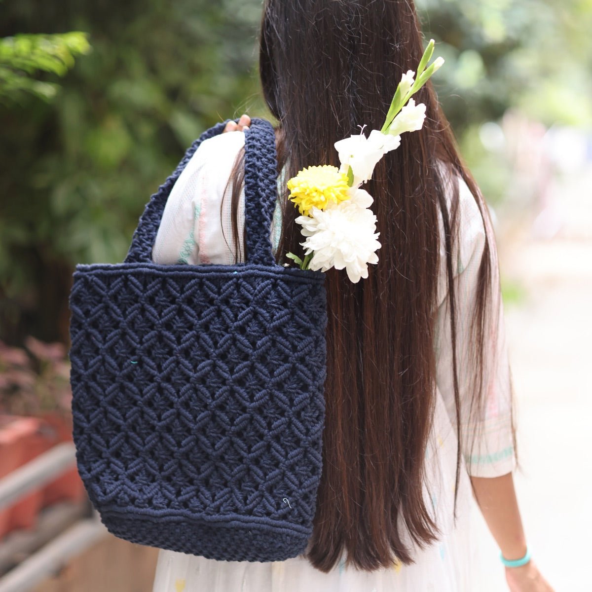 Navy Blue Macrame Tote Bag | Verified Sustainable by Brown Living™