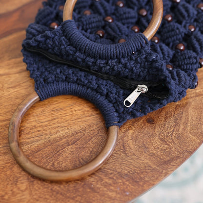 Navy Blue Ring Handmade Macrame Bag | Verified Sustainable by Brown Living™