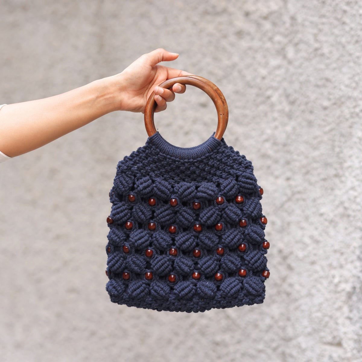 Navy Blue Ring Handmade Macrame Bag | Verified Sustainable by Brown Living™