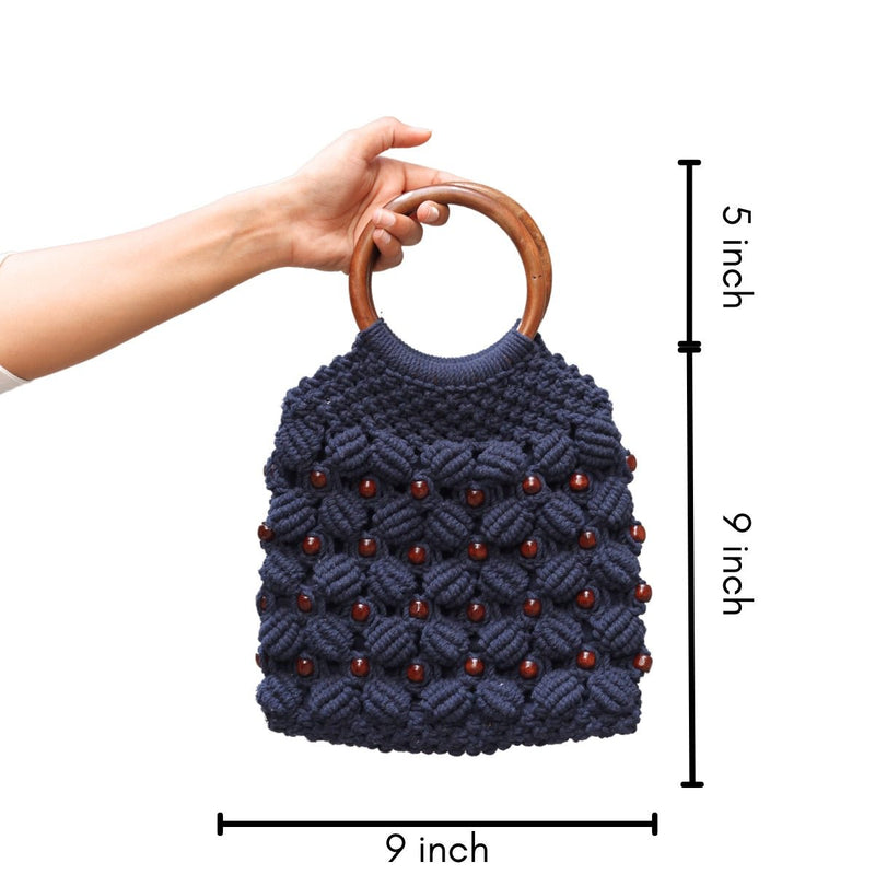 navy blue ring handmade macrame bag sarmaya sustainable womens handbag brown living
