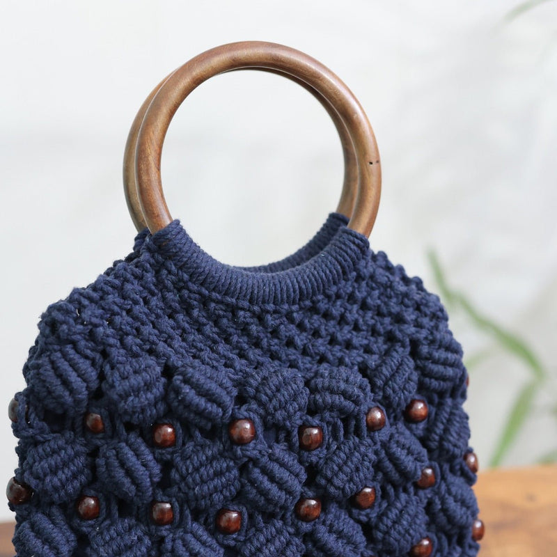 Navy Blue Ring Handmade Macrame Bag | Verified Sustainable Womens Handbag on Brown Living™