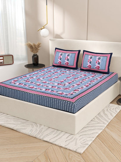 Navy Interiors Floral Hand Block Printed Cotton Queen Size Bedding Set | Verified Sustainable by Brown Living™