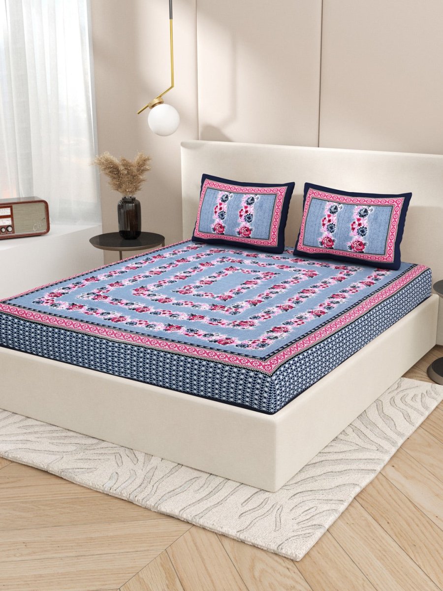 Navy Interiors Floral Hand Block Printed Cotton Queen Size Bedding Set | Verified Sustainable by Brown Living™