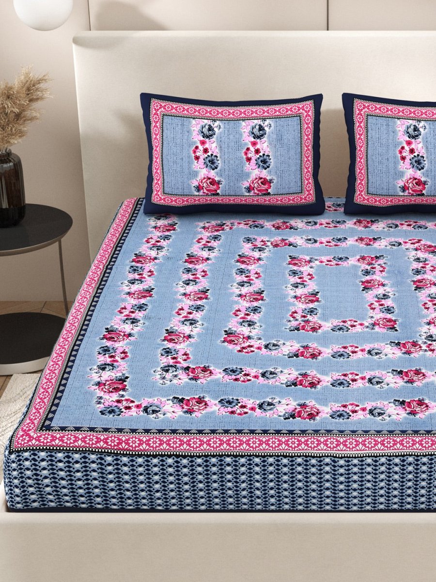 Navy Interiors Floral Hand Block Printed Cotton Queen Size Bedding Set | Verified Sustainable by Brown Living™