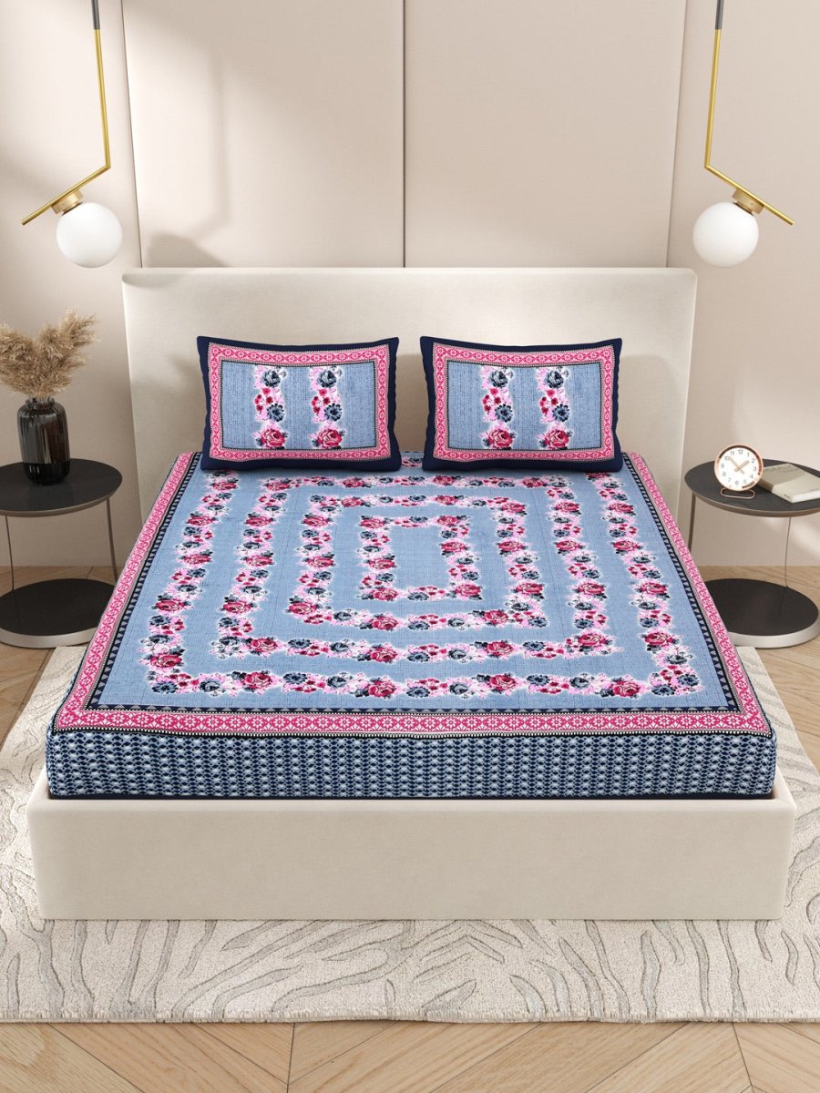 Navy Interiors Floral Hand Block Printed Cotton Queen Size Bedding Set | Verified Sustainable by Brown Living™