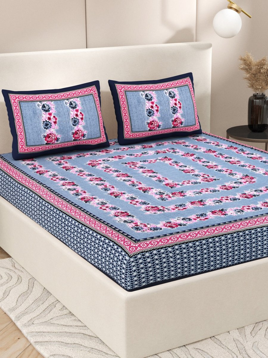 Navy Interiors Floral Hand Block Printed Cotton Queen Size Bedding Set | Verified Sustainable by Brown Living™
