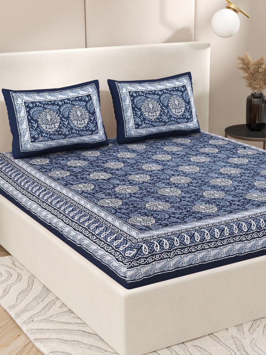 Navy Interiors Hand Block Printed Cotton Queen Size Bedding Set | Verified Sustainable by Brown Living™