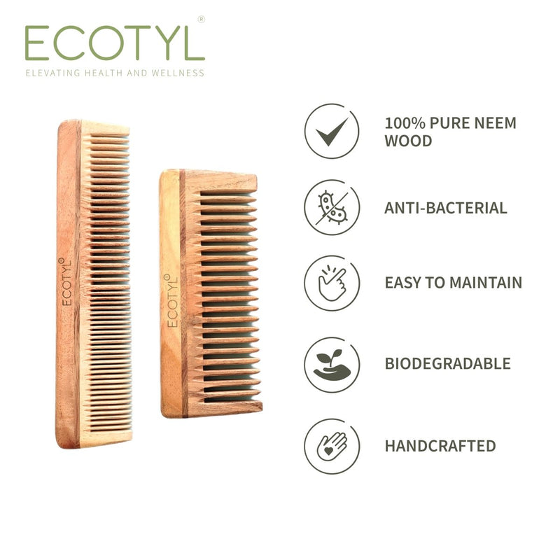 Neem Wood Comb Combo - Detangling & Shampoo Comb | Set of 2 | Verified Sustainable by Brown Living™