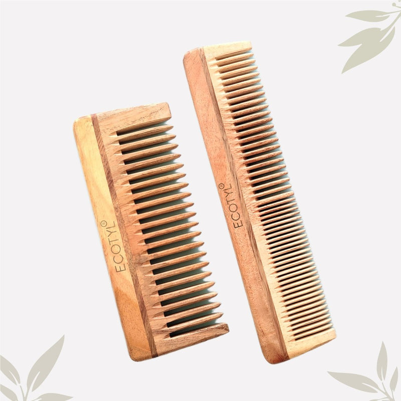 Neem Wood Comb Combo - Detangling & Shampoo Comb | Set of 2 | Verified Sustainable by Brown Living™