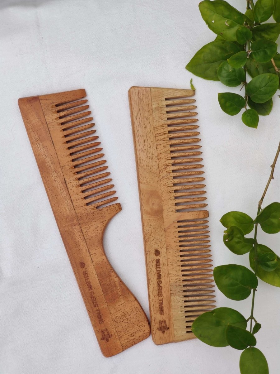 Neem Wood Comb - Combo Pack of Wide and Narrow Teeth & Wide Teeth With Handle | Verified Sustainable by Brown Living™