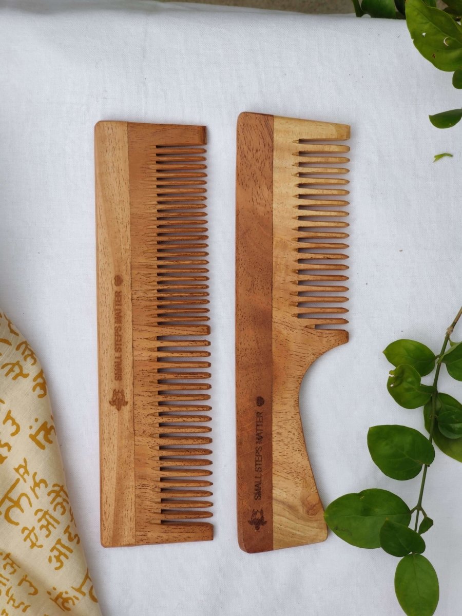 Neem Wood Comb - Combo Pack of Wide and Narrow Teeth & Wide Teeth With Handle | Verified Sustainable by Brown Living™