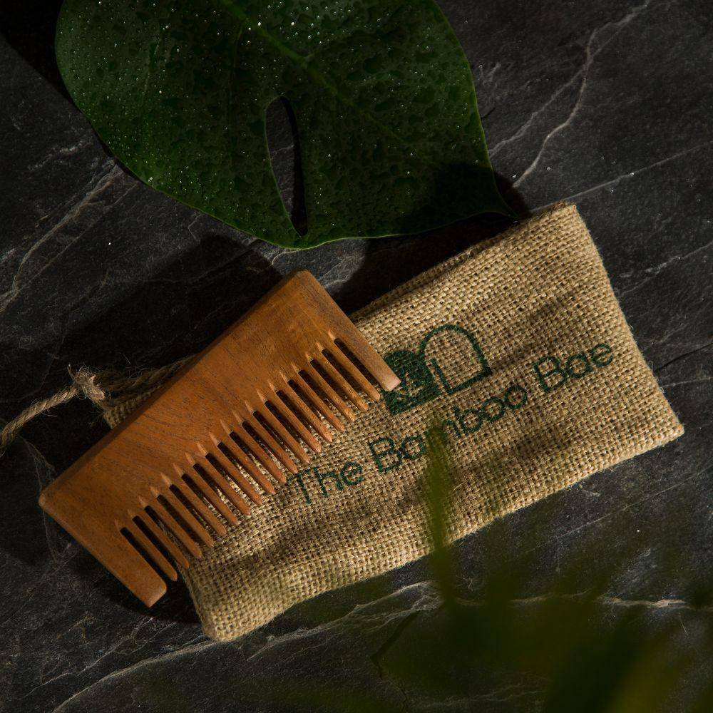 Neem Wood Comb | Detangling & Shampoo Comb | With Reusable Jute Pouch | Verified Sustainable by Brown Living™