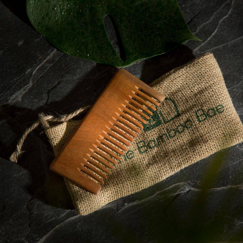 Neem Wood Comb | Detangling & Shampoo Comb | With Reusable Jute Pouch | Verified Sustainable by Brown Living™