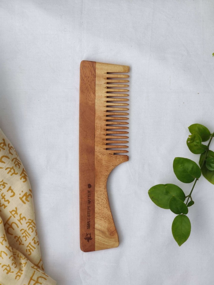 Neem Wood Comb - Wide Teeth with Handle - Detangling & Styling - Pack of 1 | Verified Sustainable by Brown Living™