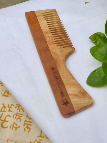 Neem Wood Comb - Wide Teeth with Handle - Detangling & Styling - Pack of 1 | Verified Sustainable by Brown Living™