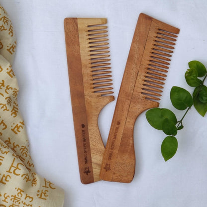 Neem Wood Comb - Wide Teeth with Handle - Detangling & Styling - Pack of 2 | Verified Sustainable by Brown Living™