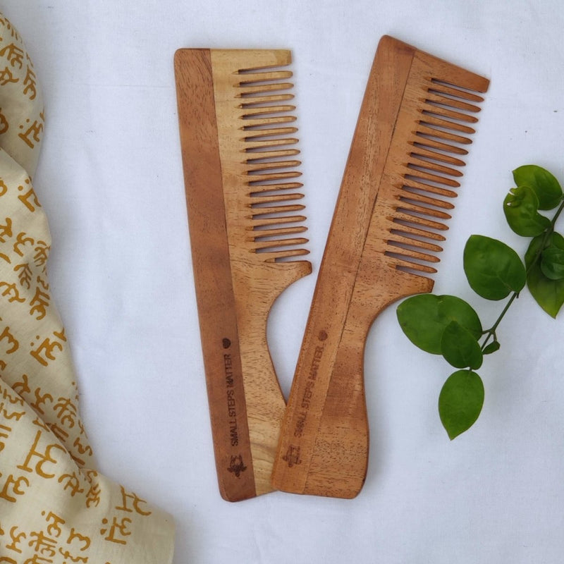 Buy Neem Wood Comb - Wide Teeth with Handle - Detangling & Styling - Pack of 2 | Shop Verified Sustainable Hair Comb on Brown Living™