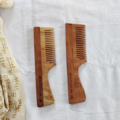 Neem Wood Comb - Wide Teeth with Handle - Detangling & Styling - Pack of 2 | Verified Sustainable by Brown Living™