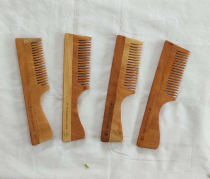 Neem Wood Comb - Wide Teeth with Handle - Detangling & Styling - Pack of 4 | Verified Sustainable by Brown Living™