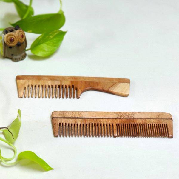 Neem Wood Combs - Handle comb & Dual teeth comb - Set of 2 | Verified Sustainable by Brown Living™