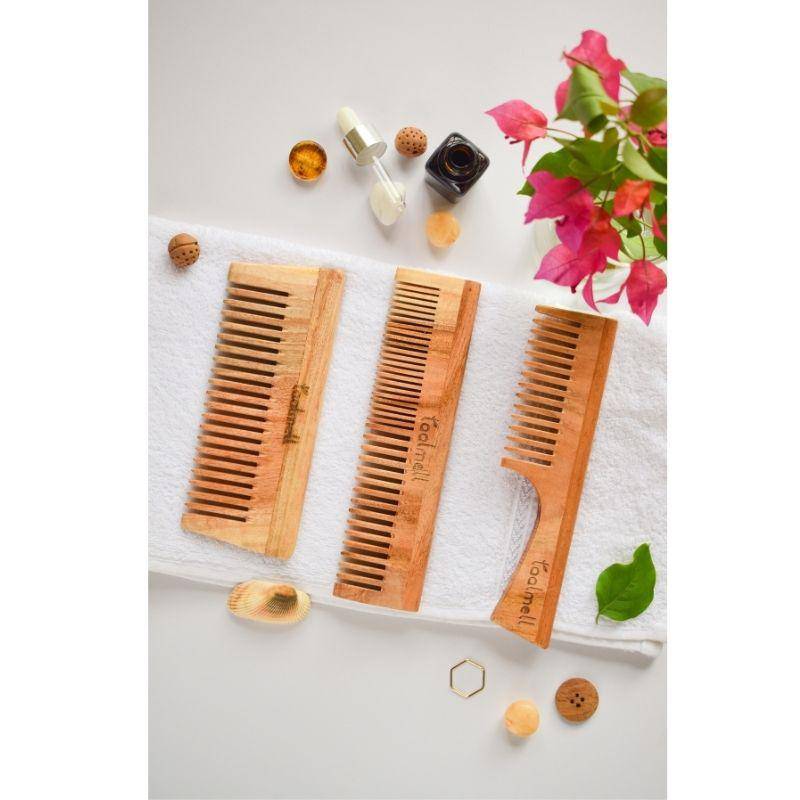 Neem wood Combs Pack | Dual tooth comb, Handle comb, Detangle comb | All about Hair Care | 3 in one | Verified Sustainable by Brown Living™