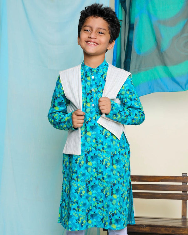 Buy Nilmohar Kurta with Juui Jacket and Churidaar Set | Blue & White | Shop Verified Sustainable Kids Ethnic Sets on Brown Living™