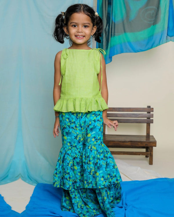 Buy Nilmohar Sharara Set | Blue & Green | Shop Verified Sustainable Kids Ethnic Sets on Brown Living™