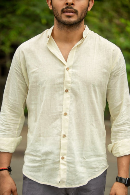 Off White Mandarin Collar Khadi Shirt | Verified Sustainable by Brown Living™