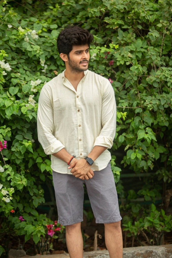 Buy Off White Mandarin Collar Khadi Shirt | Shop Verified Sustainable Products on Brown Living