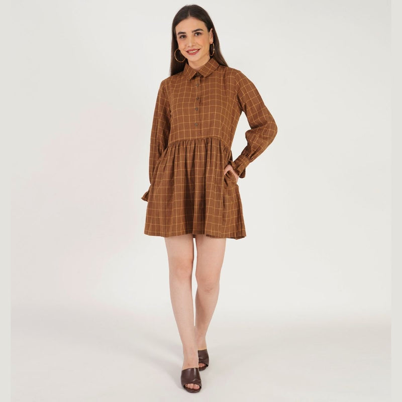 Buy Old School Checkered Dress | Brown Women's dress | Made with 100% cotton | Shop Verified Sustainable Womens Dress on Brown Living™