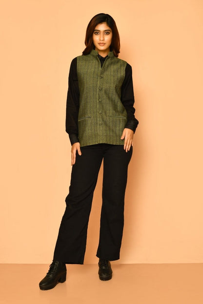 Olive Green Handloom Cotton Nehru Jacket for Women | Verified Sustainable by Brown Living™