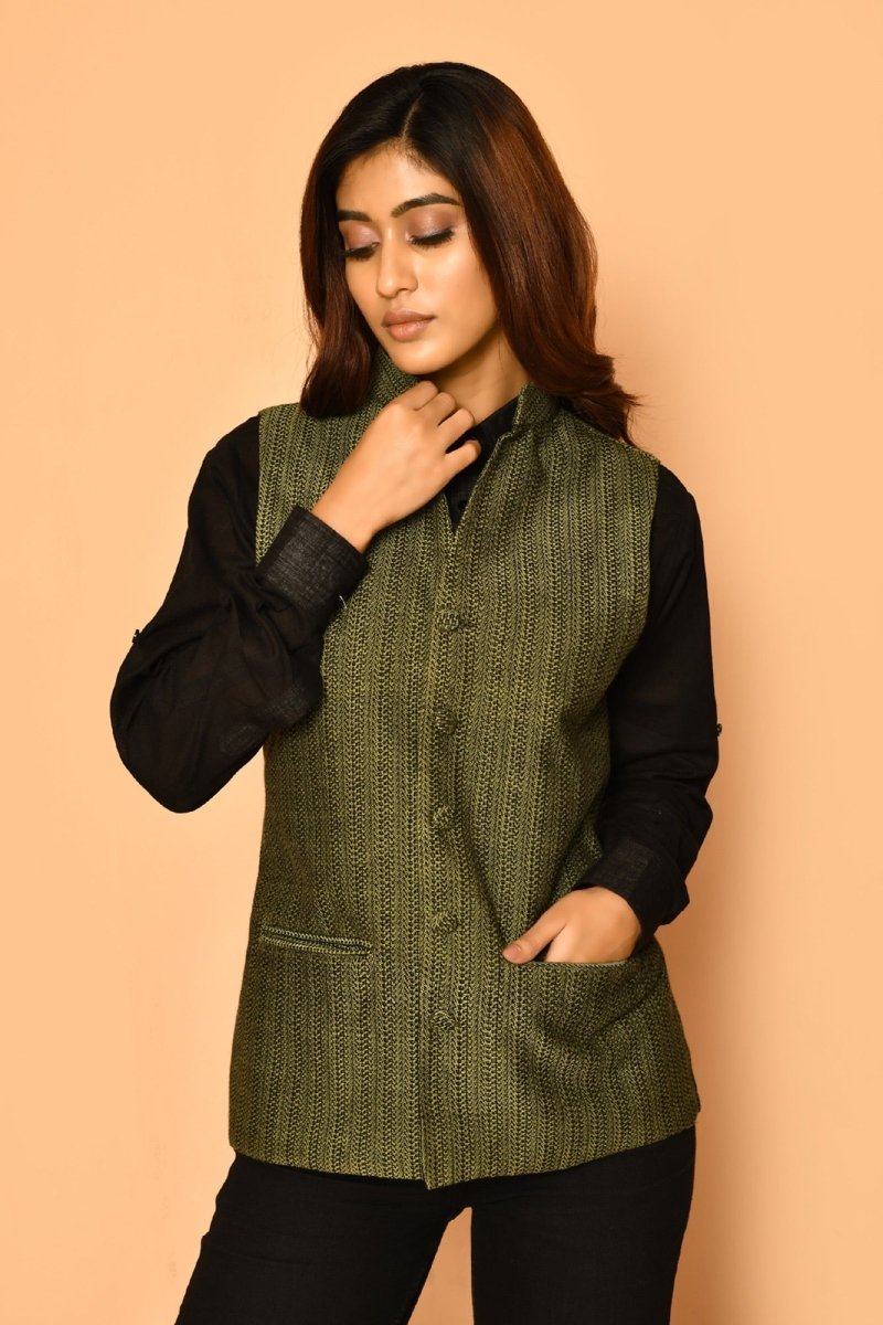 Olive Green Handloom Cotton Nehru Jacket for Women | Verified Sustainable by Brown Living™