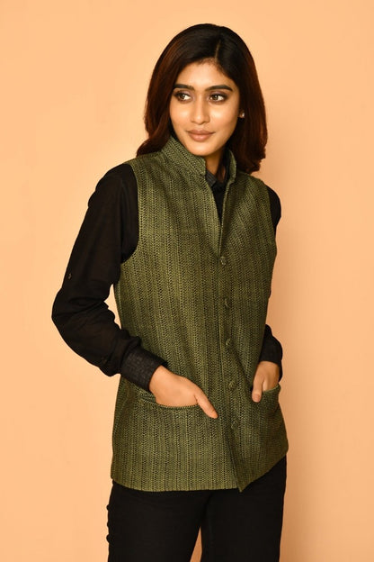 Olive Green Handloom Cotton Nehru Jacket for Women | Verified Sustainable by Brown Living™