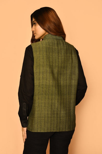 Olive Green Handloom Cotton Nehru Jacket for Women | Verified Sustainable by Brown Living™