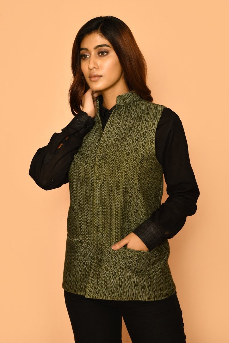 Olive Green Handloom Cotton Nehru Jacket for Women | Verified Sustainable by Brown Living™