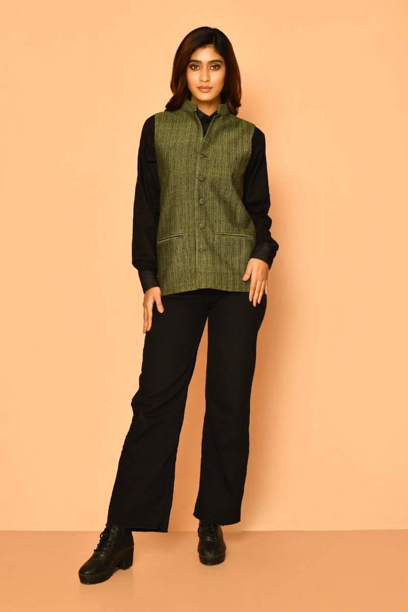 Buy Olive Green Handloom Cotton Nehru Jacket for Women | Shop Verified Sustainable Mens Jacket on Brown Living™