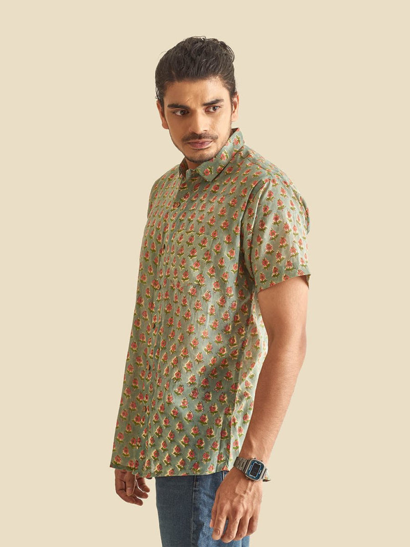 Buy Olive Holiday Block Printed Halfsleeves Cotton Shirt | Shop Verified Sustainable Mens Shirt on Brown Living™