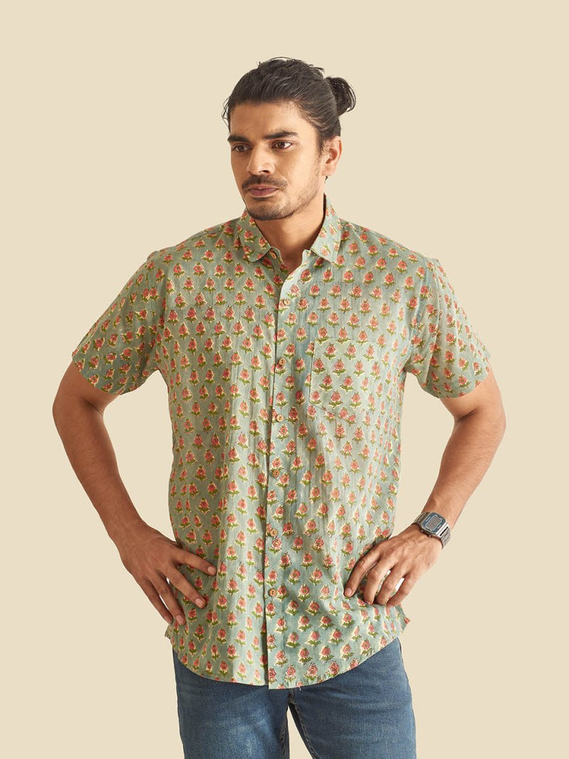 Buy Olive Holiday Block Printed Halfsleeves Cotton Shirt | Shop Verified Sustainable Mens Shirt on Brown Living™