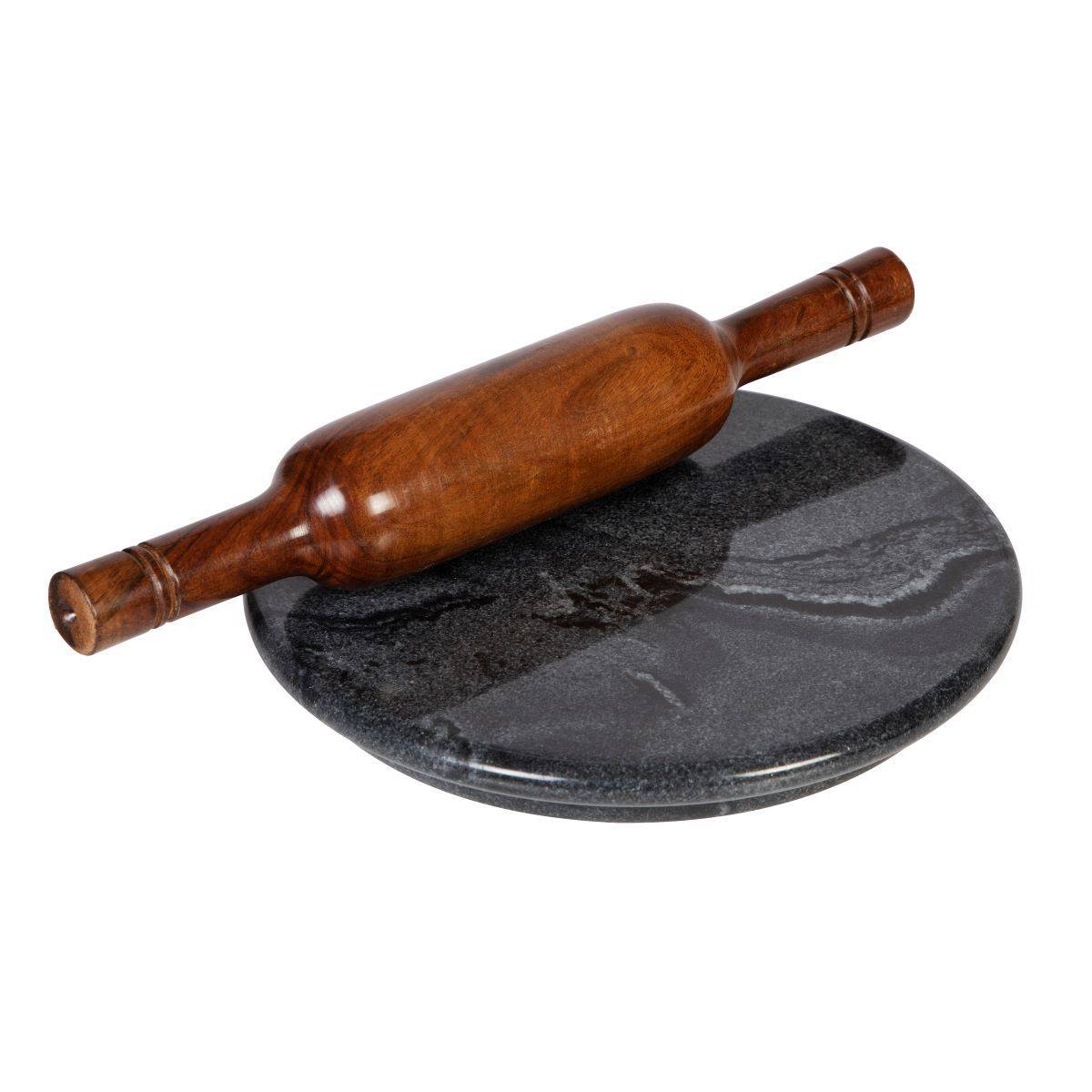 Onyx Black Chakla Belan/Polpat Set - 9" Marble, Black & Indian Rosewood, Set of 2 | Verified Sustainable by Brown Living™