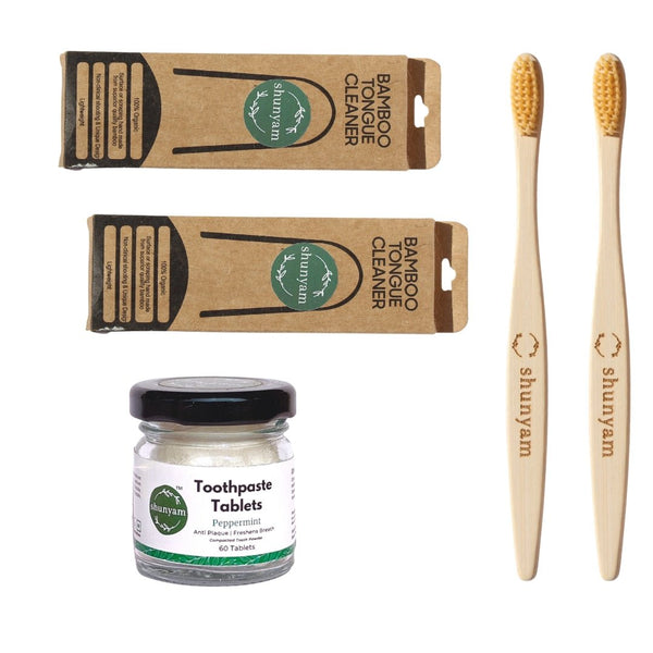 Buy Oral Care Box (Pack for 2) | 2 Bamboo Toothbrushes, 2 Tongue Cleaners, 60 Toothpaste Tablets | Shop Verified Sustainable Products on Brown Living