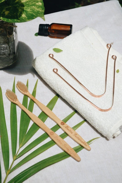 Oral Care Set - Bamboo Bristle Toothbrush and Copper Tongue Cleaner - Pack of 2 – Tooth Brush on Brown Living™. SKU: 076 - 02919 - AS - BTCT - 004. Img 1.