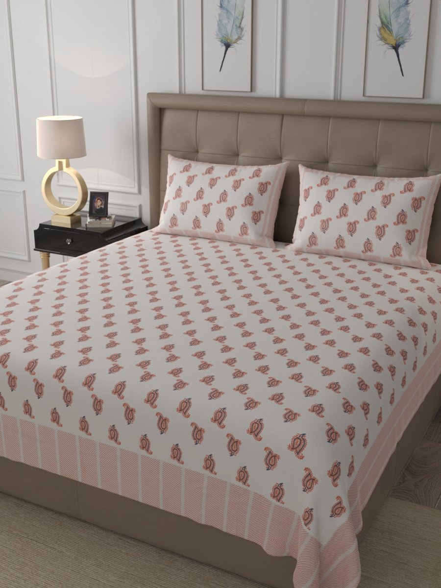 Orange Elegant Hand Block Paisley Print Cotton Super King Size Bedding Set | Verified Sustainable by Brown Living™