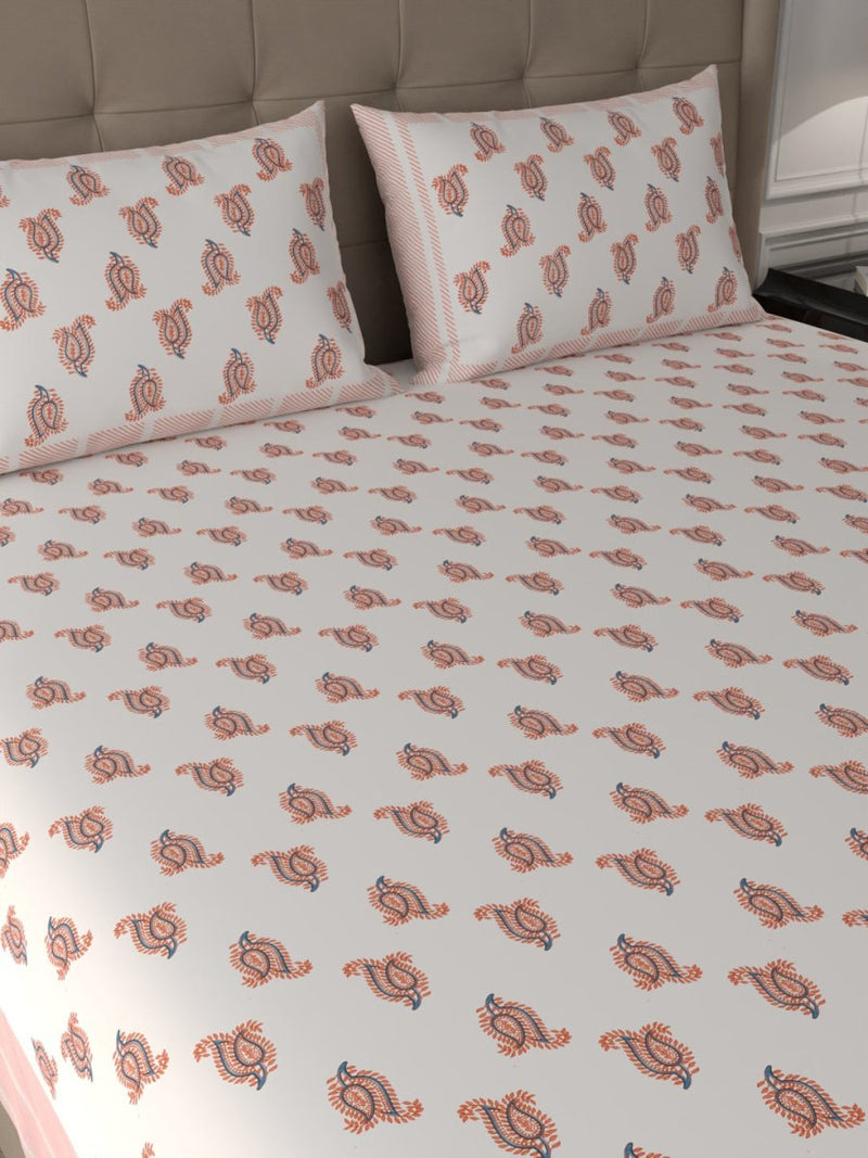 Buy Orange Elegant Hand Block Paisley Print Cotton Super King Size Bedding Set | Shop Verified Sustainable Products on Brown Living