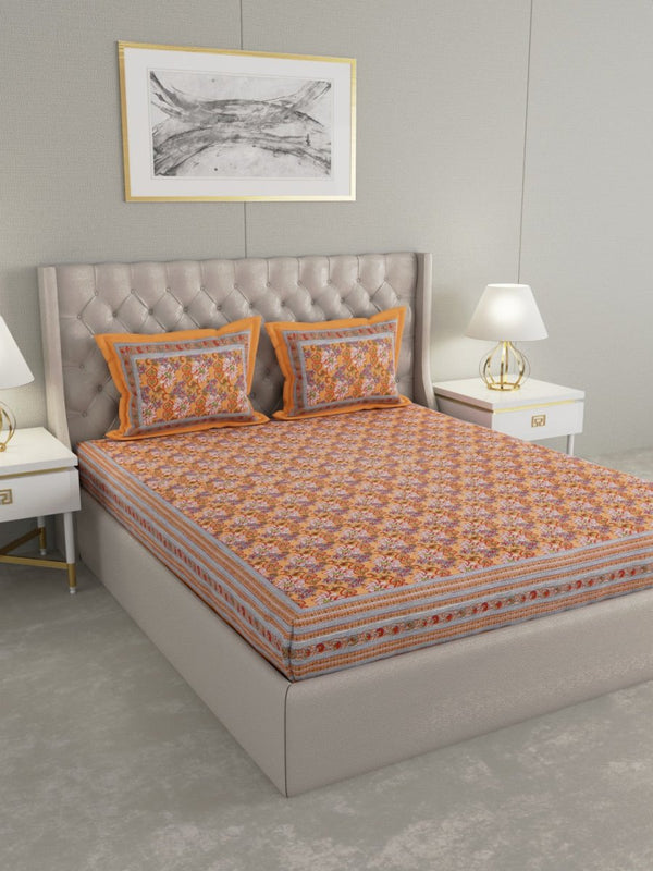 Buy Orange Floral Hand Printed Pure Cotton King Size Bedding Set | Shop Verified Sustainable Bedding on Brown Living™