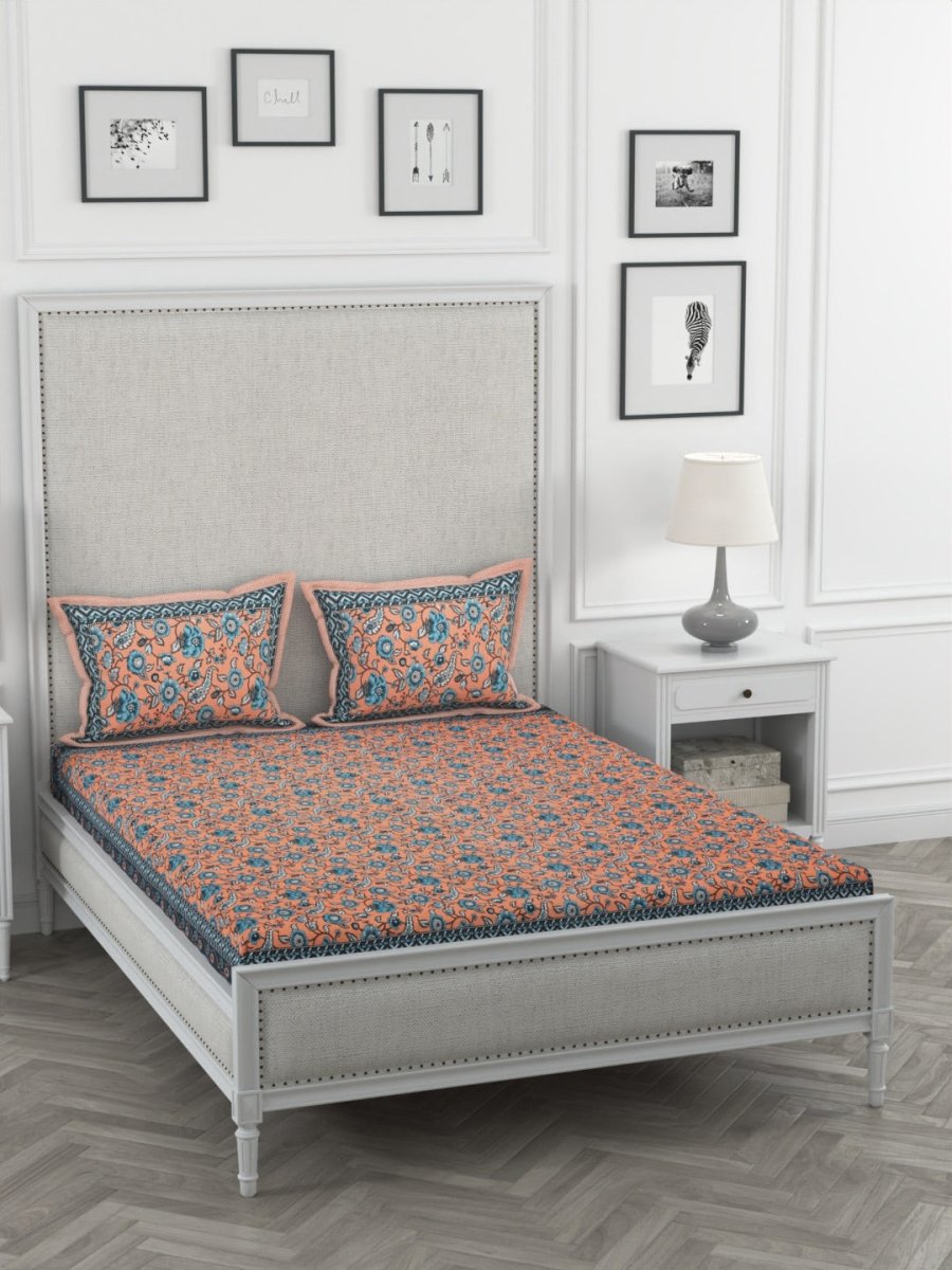 Orange Floral Print Pure Cotton King Size Bedsheet with 2 Pillow Covers | Verified Sustainable by Brown Living™