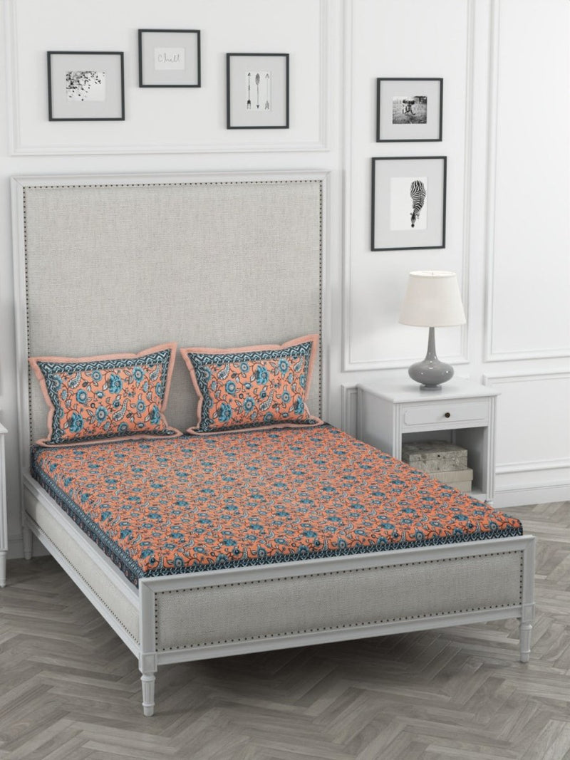Buy Orange Floral Print Pure Cotton King Size Bedsheet with 2 Pillow Covers | Shop Verified Sustainable Products on Brown Living