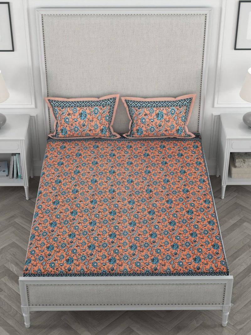 Buy Orange Floral Print Pure Cotton King Size Bedsheet with 2 Pillow Covers | Shop Verified Sustainable Products on Brown Living